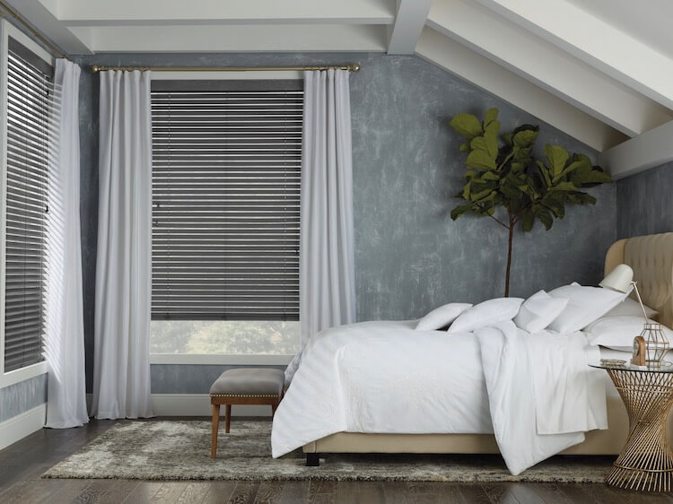 White is warmed when shown with dark, rich colors. Shown with Parkland® Wirebrushed wood blinds.