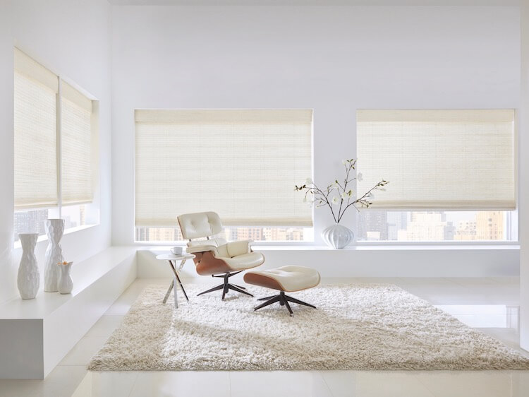 Combining cool and warm shades of white brings this room alive. Shown with Provenance® Woven Wood Shades.