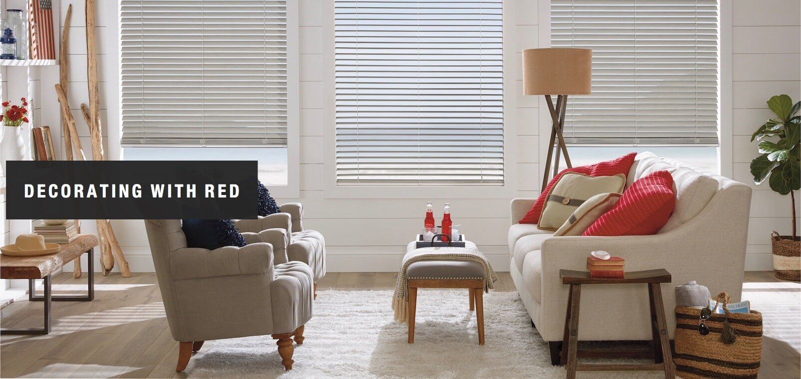 A little bit of red, added to neutrals, can go a long way! Shown with EverWood® TruGrain® blinds.
