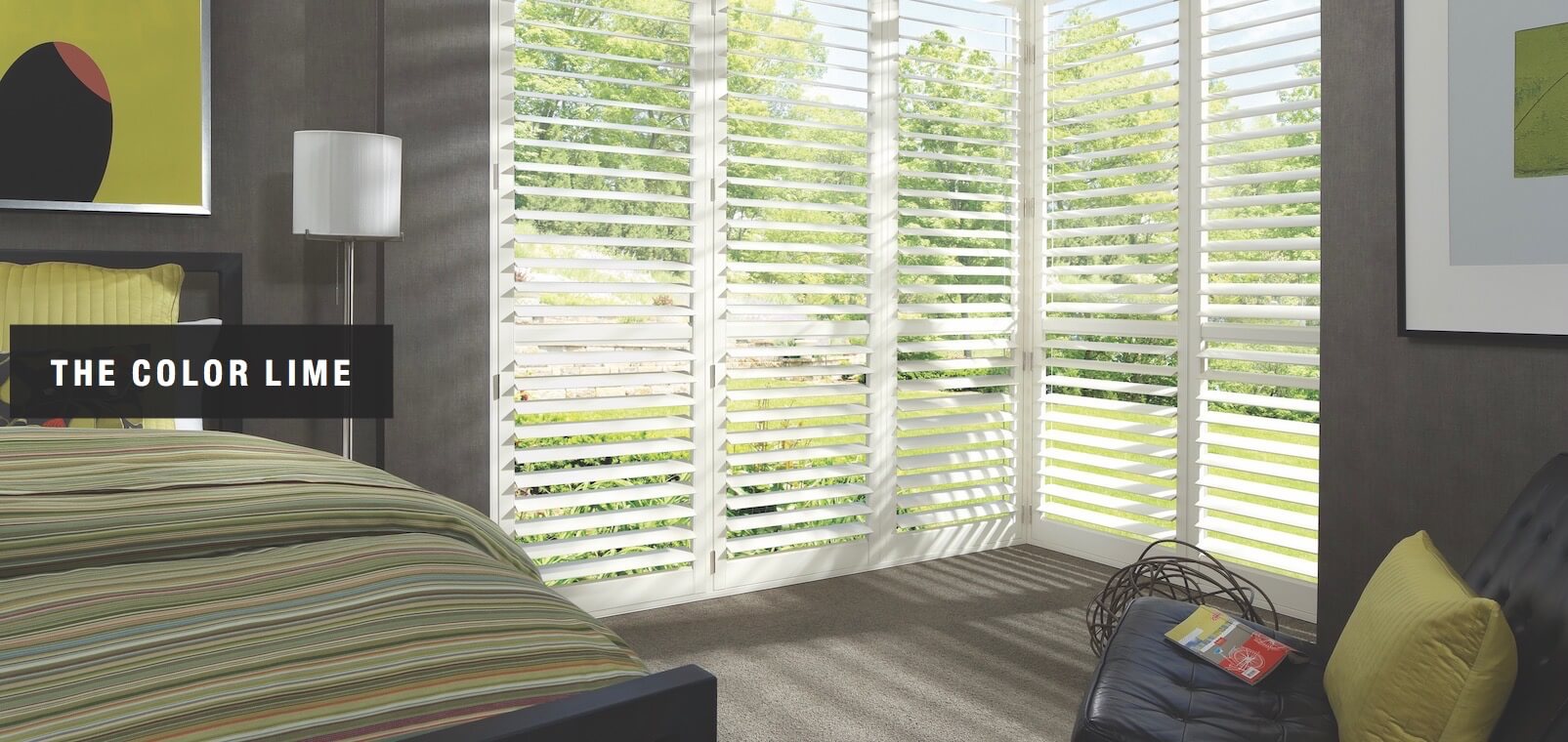 Lime green pairs well with gray and white. Shown with NewStyle™ hybrid shutters.