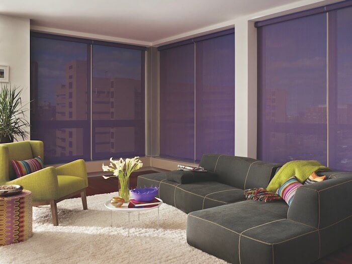 Lime green and purple accents make this room pop.  Shown with Designer Screen Shades.