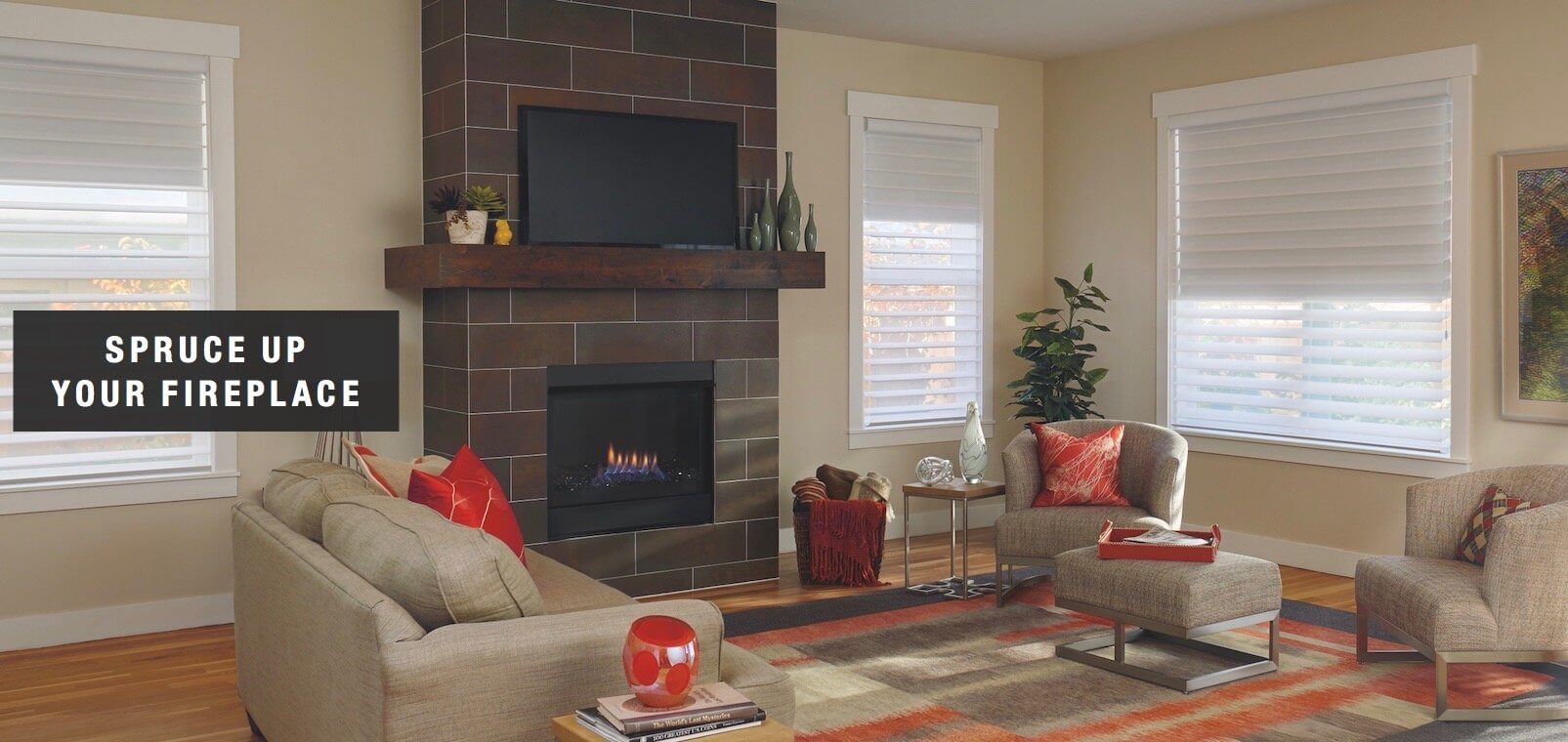 Adding multiple pillows to your couch looks best. Shown with Heritance® hardwood shutters.