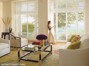Palm Beach Polysatin Shutters - Standard Panels in Living Room