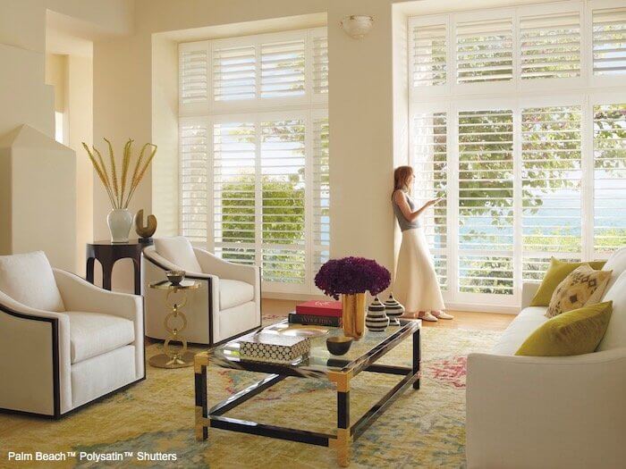 Palm Beach Polysatin Shutters with Standard Panels in Living Room