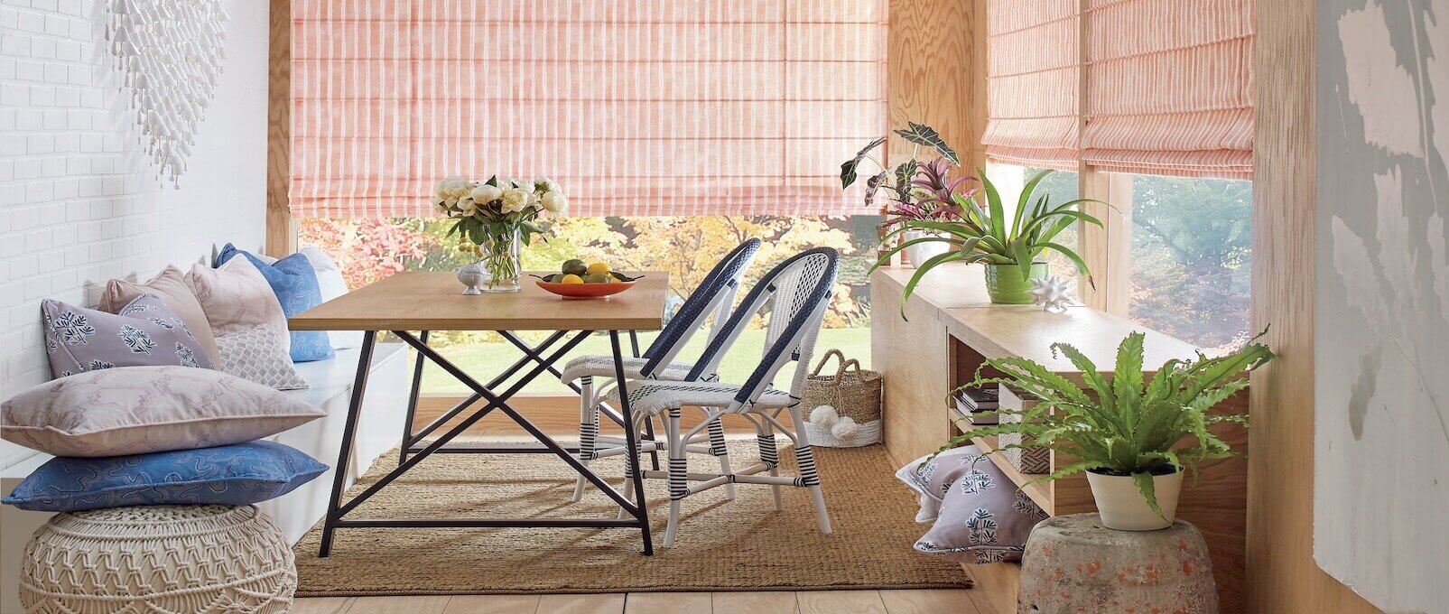 Design Studio Roman Shades Dotted Stripe Sunroom