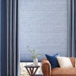 Design Studio™ Side Panels & Drapery Fabric: Straits Color: Navy Duette® Honeycomb Shades Fabric: Architella® Elan® Color: Indigo Mood