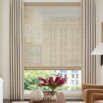 Design Studio™ Side Panels & Drapery Fabric: Intersections Color: Thunder Provenance® Woven Woods Shades Fabric: Maritime Color: Morning Fog
