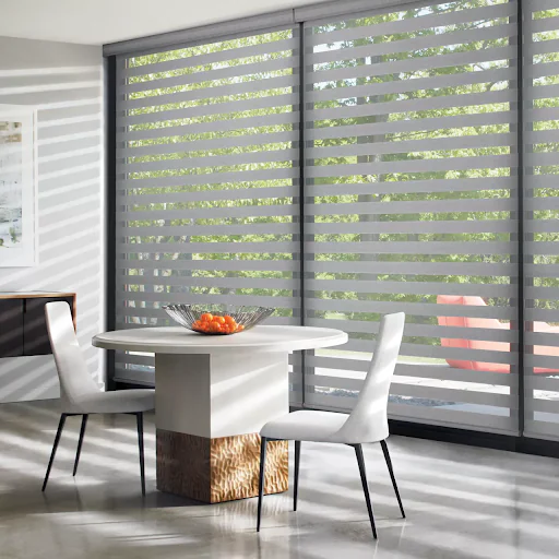 Designer banded shades overlooking woods near the Blackstone River in Massachusetts